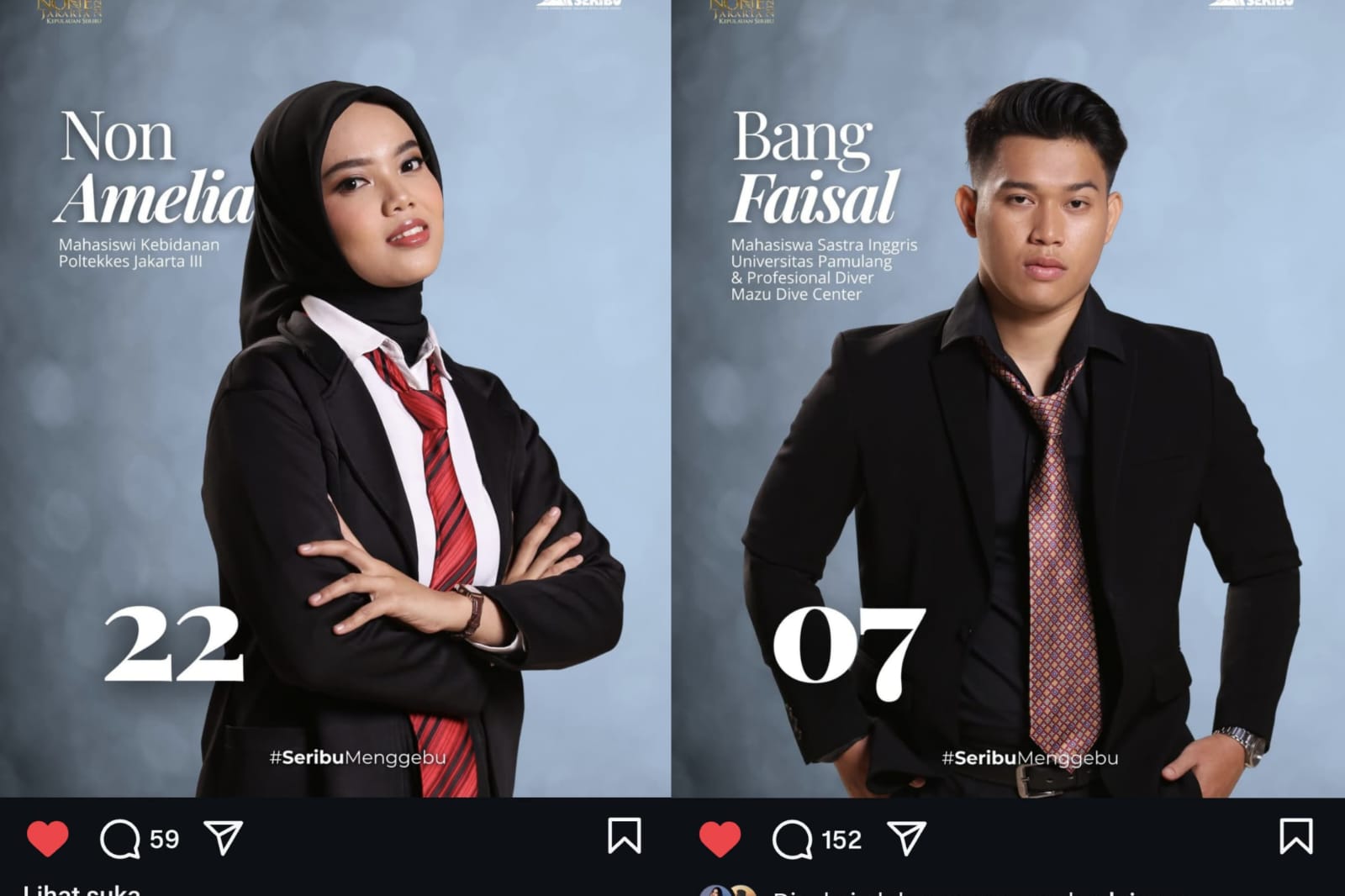 Non Amelia (nomor 22), mahasiswi kebidanan dari Poltekkes Jakarta III, dan Bang Faisal (nomor 07), mahasiswa Sastra Inggris sekaligus penyelam profesional. 📷 Istimewa