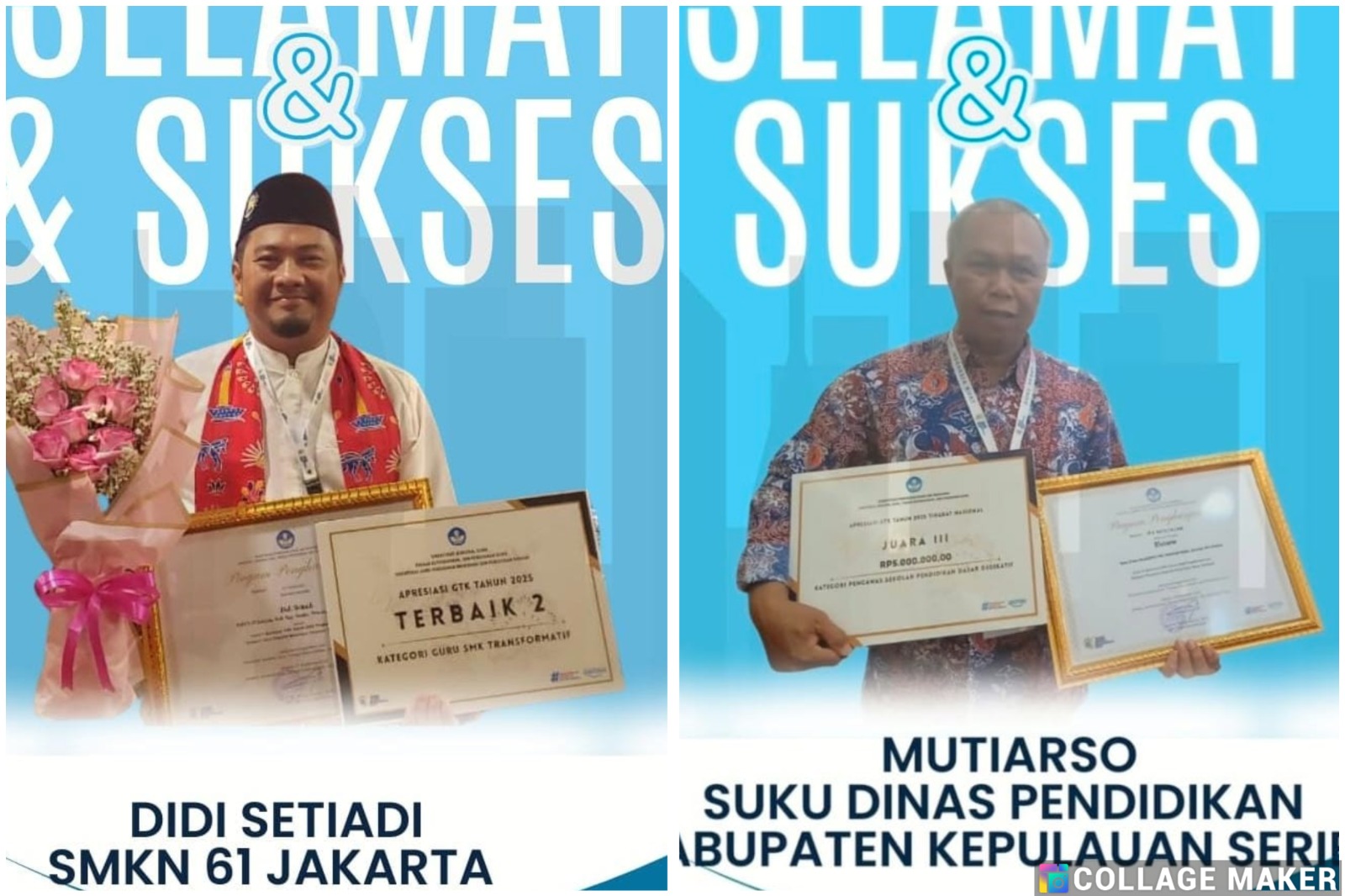 Didi Setiadi, S.Pd dari SMKN 61 Jakarta meraih peringkat terbaik ke-2 dalam kategori Guru SMK Transformatif. Sementara Mutiarso, pengawas pendidikan dasar, berhasil meraih juara 3 terbaik dalam kategori Pengawas Dikdas. Keduanya tergabung dalam kontingen DKI Jakarta.