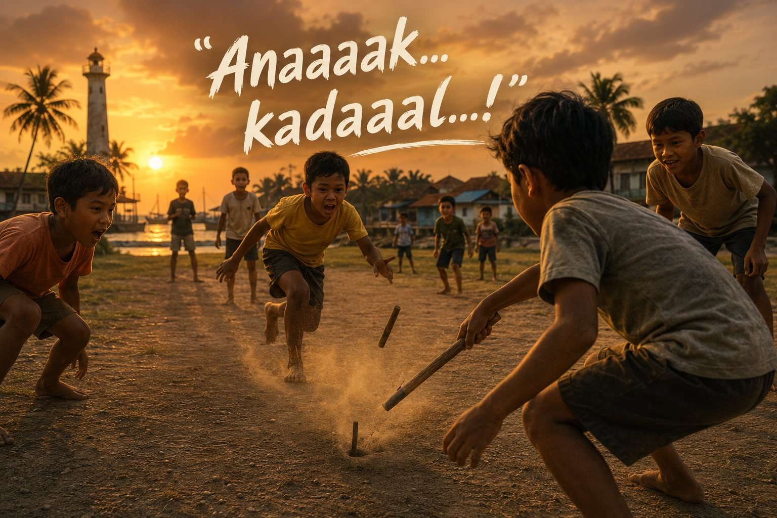 Ilustrasi anak-anak memainkan permainan tradisional Anak Kadal di lapangan tanah Pulau Kelapa pada akhir 1980-an hingga awal 1990-an.