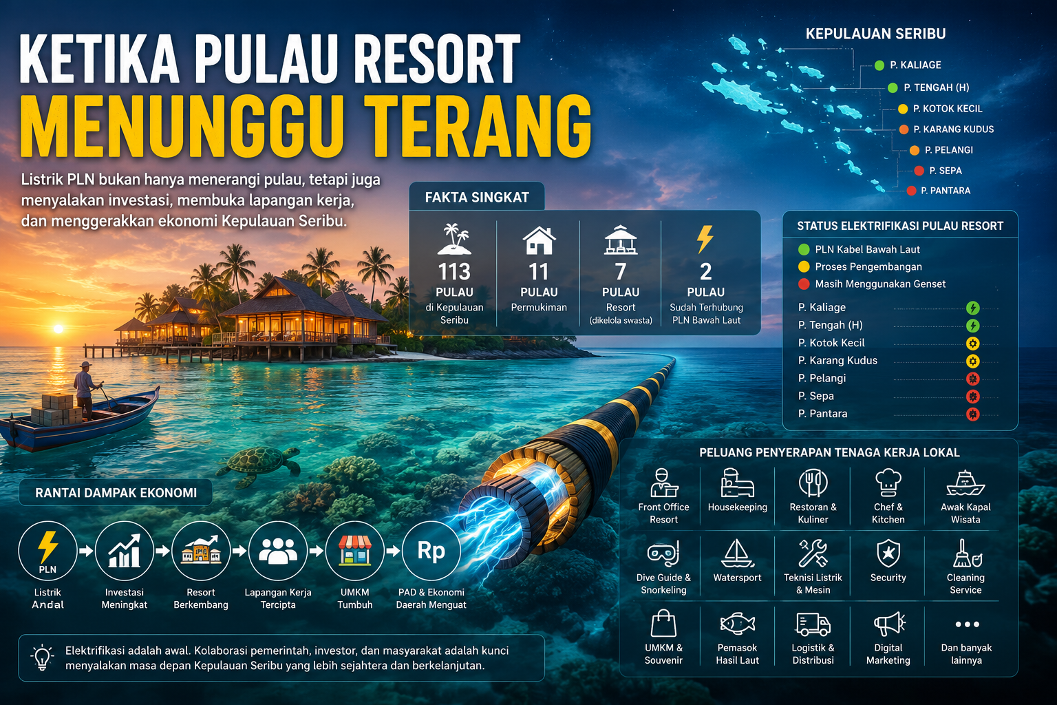 Ilustrasi elektrifikasi pulau resort di Kepulauan Seribu melalui jaringan kabel listrik bawah laut yang diharapkan mendorong investasi, memperkuat pariwisata, serta membuka lapangan kerja baru bagi masyarakat.