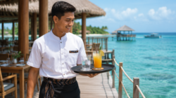 Aktivitas wisata di salah satu pulau resort di Kepulauan Seribu yang menjadi penggerak sektor jasa.
