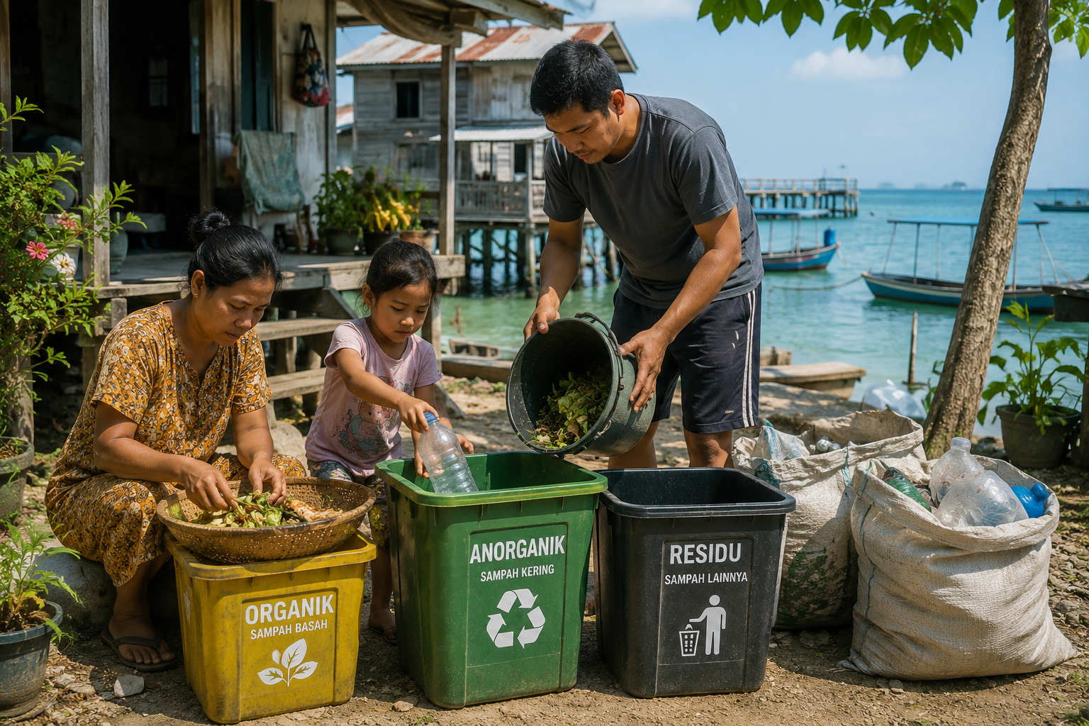 Ilustrasi warga memilah sampah organik, anorganik, dan kertas sebagai bagian dari budaya pengelolaan sampah mandiri di Kepulauan Seribu.