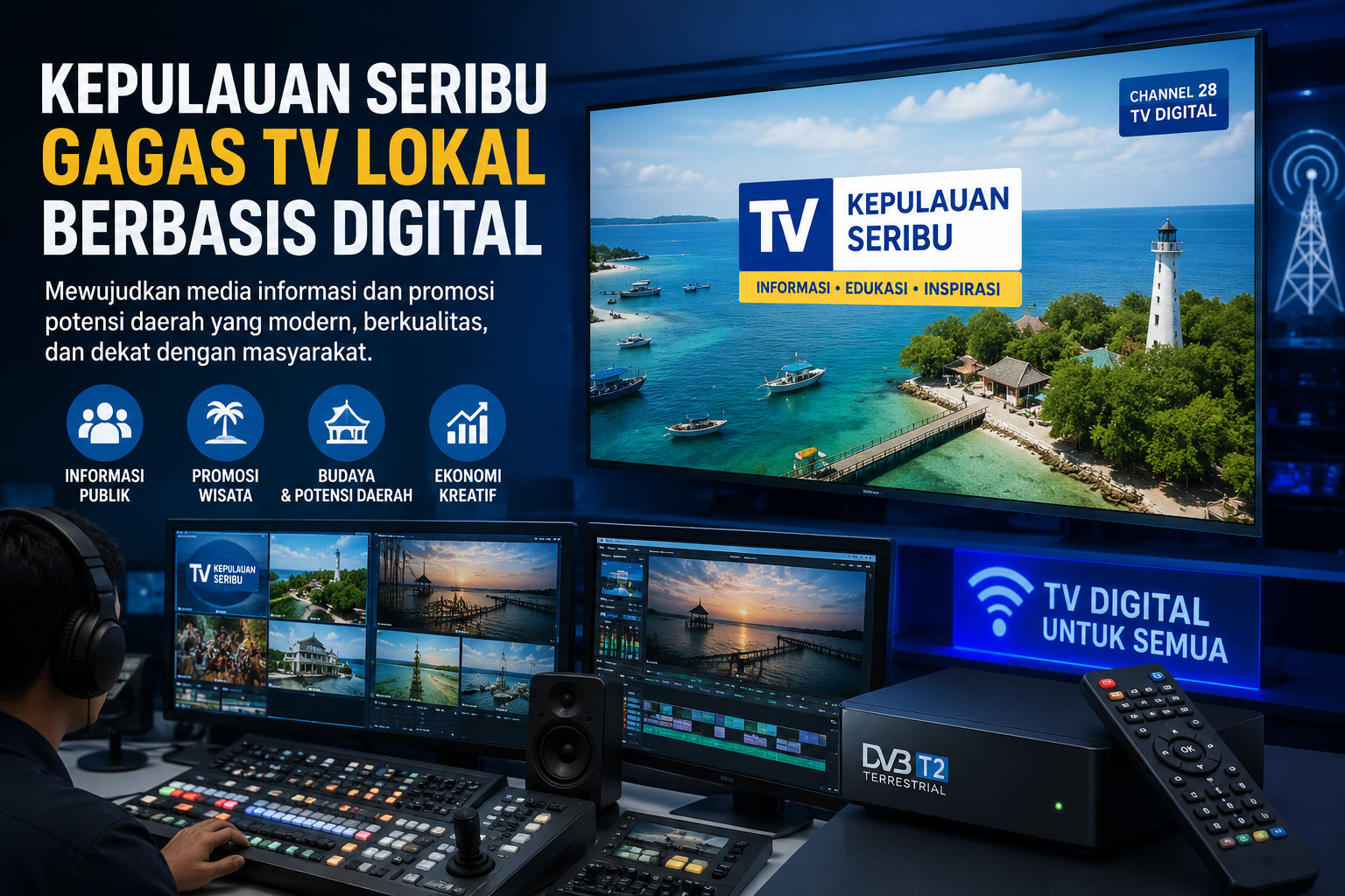 Ilustrasi konsep televisi lokal berbasis digital untuk mendukung publikasi pemerintah dan promosi potensi Kepulauan Seribu.
