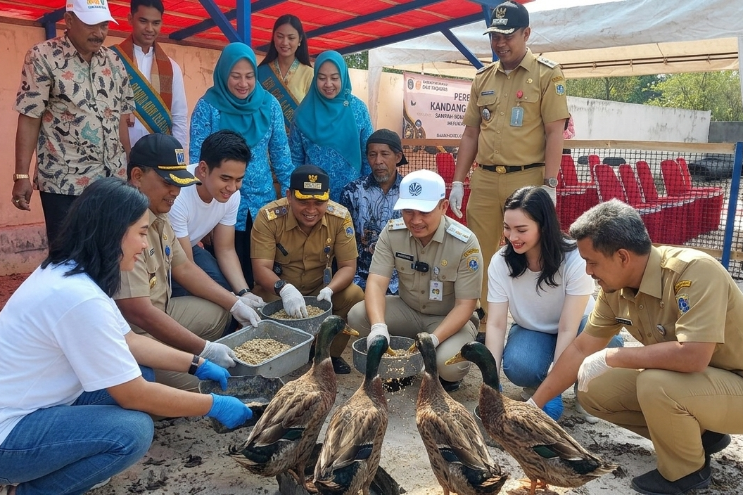 Bupati Kepulauan Seribu Muhammad Fadjar Churniawan bersama Lurah Pulau Untung Jawa, Muslim, meresmikan kandang bebek yang memanfaatkan sampah organik rumah tangga sebagai pakan ternak. (Foto: Istimewa)