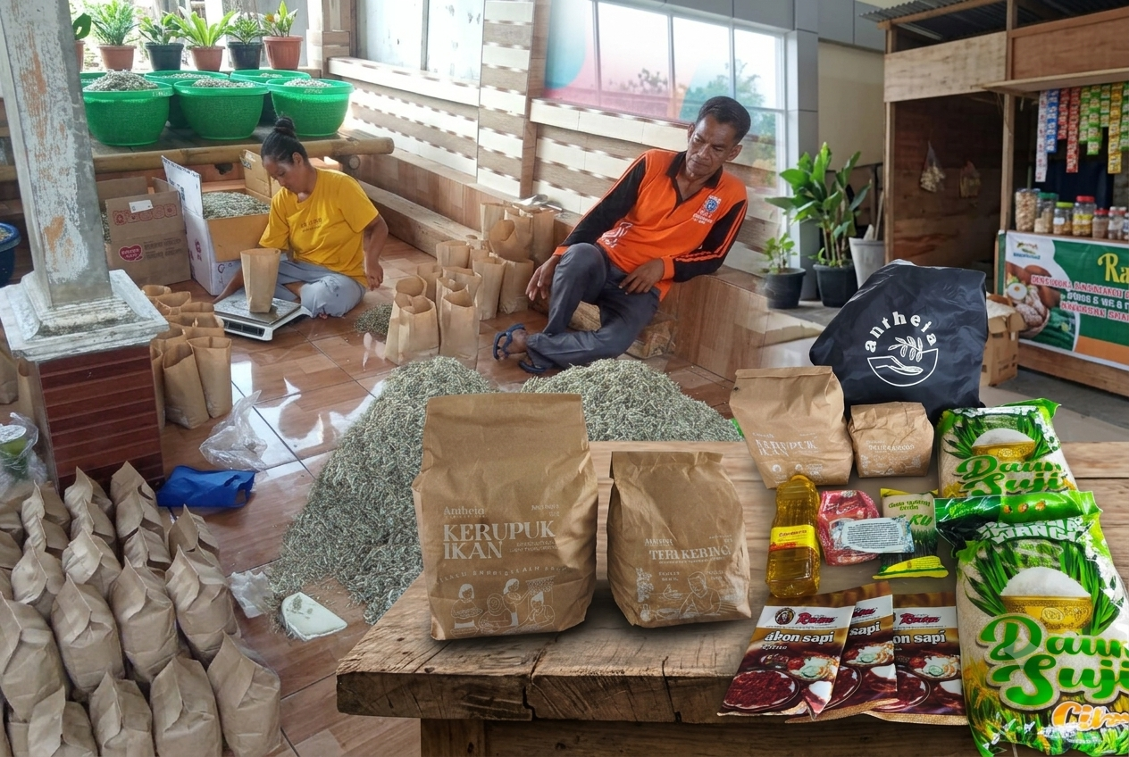 Produk UMKM Kepulauan Seribu berupa kerupuk ikan dan teri olahan disiapkan bersama bahan pokok lainnya sebagai isi paket sembako The Anthea Project. Foto: Istimewa