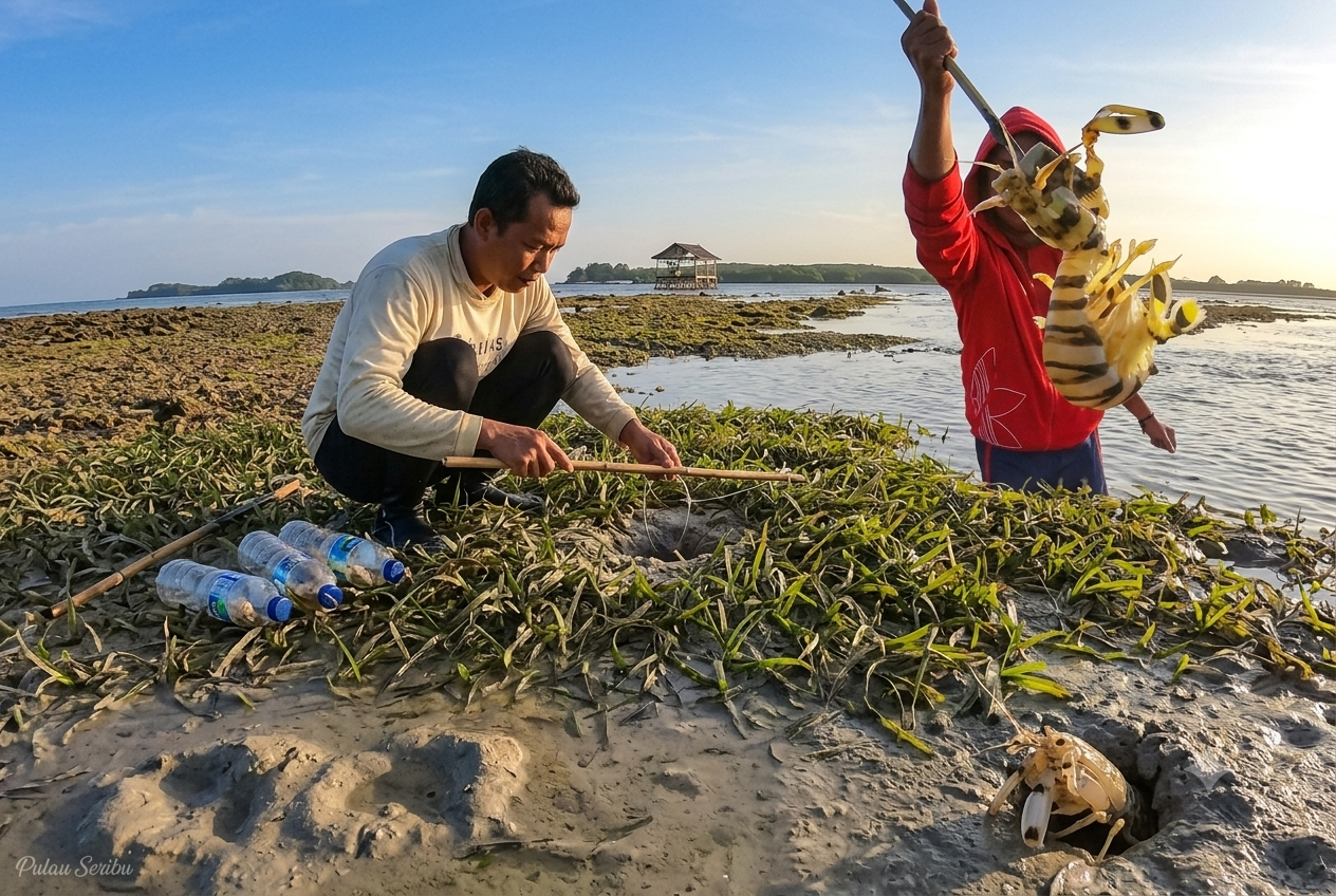 Nelayan memasang jeratan dan mengangkat pengko atau udang mantis dari lubang saat air laut surut di Kepulauan Seribu.